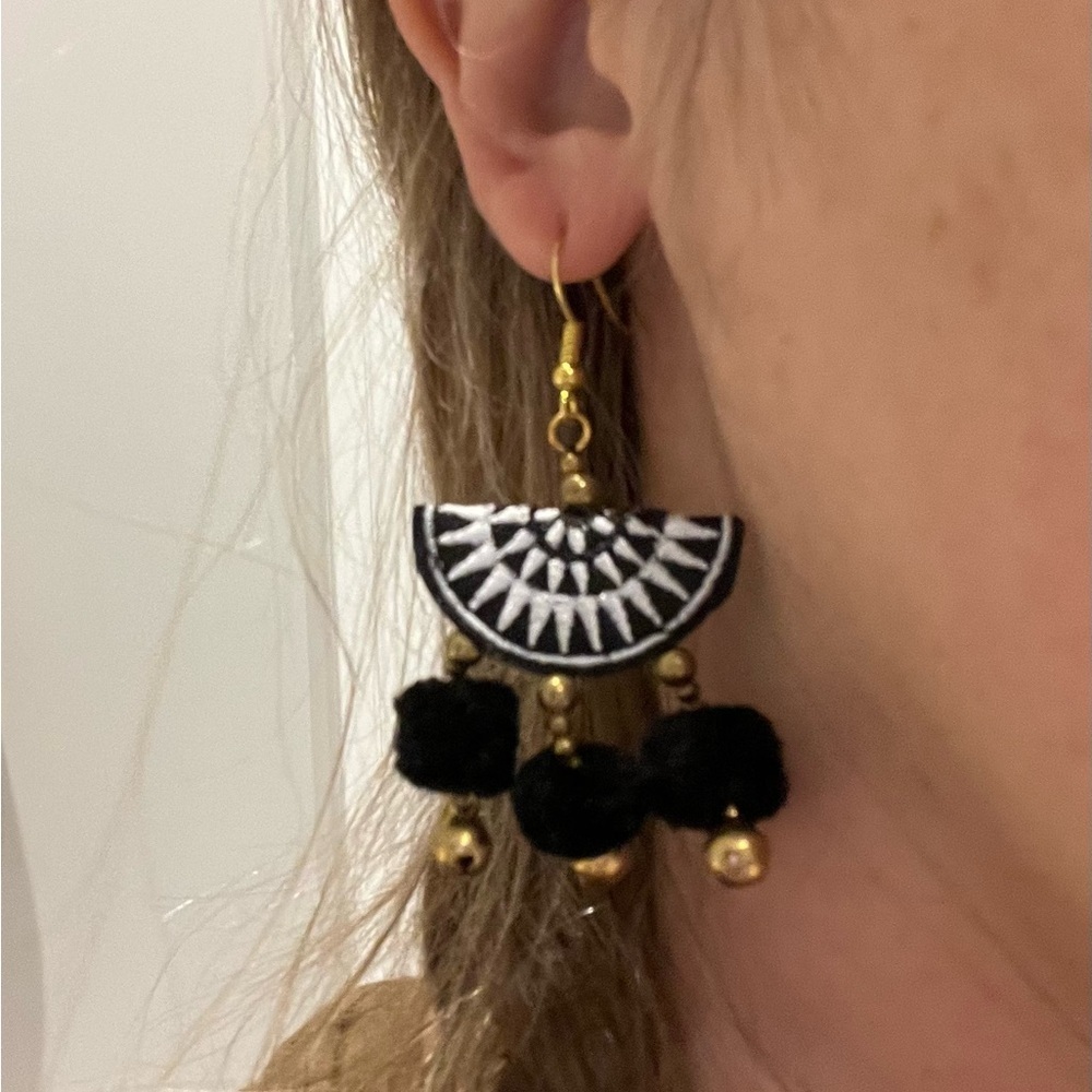 Black Pom Pom Earrings - Picture 2 of 3